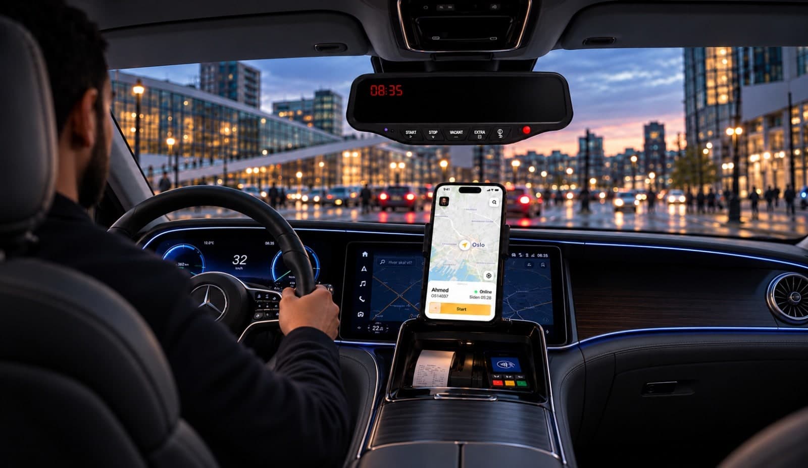 Sjåfør i en elbil i Oslo med taksameter i speilet, taksameter-appen på mobilen og betalingsterminal med kvitteringsskriver i midtkonsollen