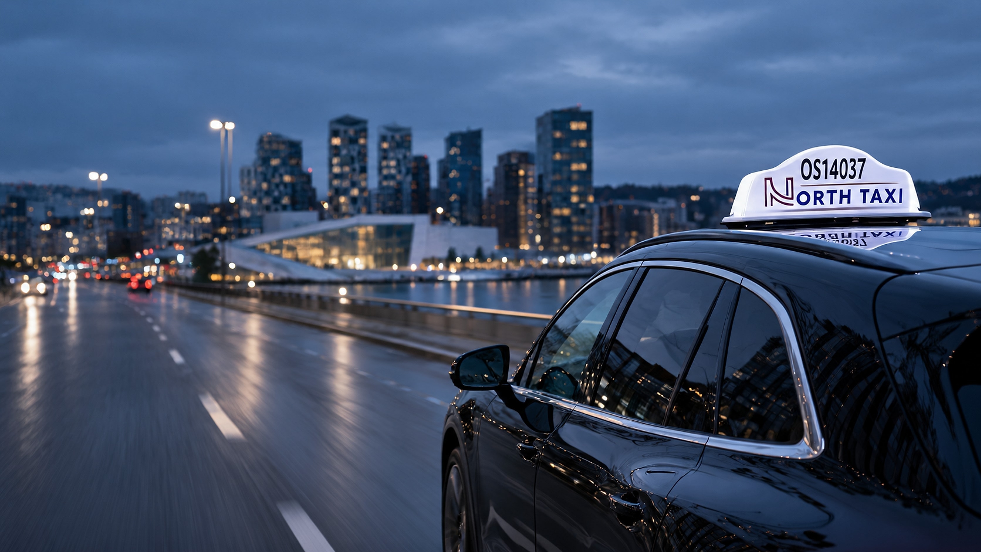 Svart North Taxi-bil med takskilt kjører langs Bjørvika i Oslo i kveldslys