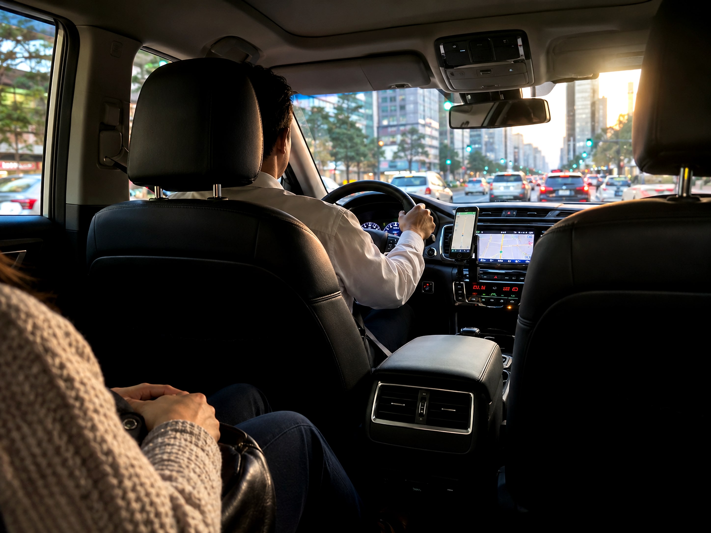 Driver taking a passenger through the city in the evening, seen from the back seat